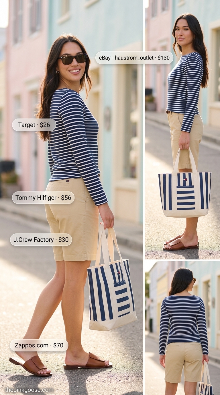 Casual midsize outfits summer 2026: Khaki Bermuda shorts, striped boatneck top, tan slides, and straw tote.