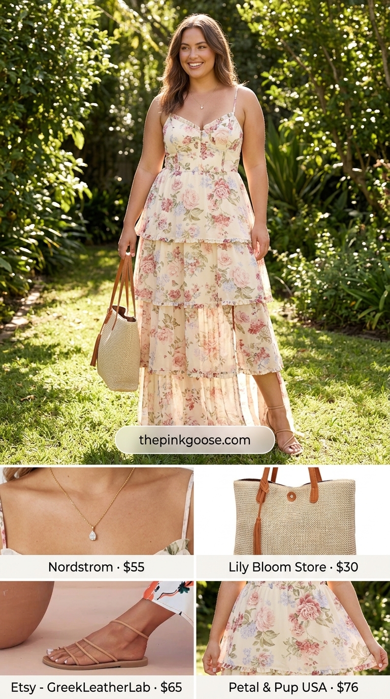 Casual midsize outfits summer 2026: Pastel floral maxi dress with straw tote, tan sandals, and gold necklace.