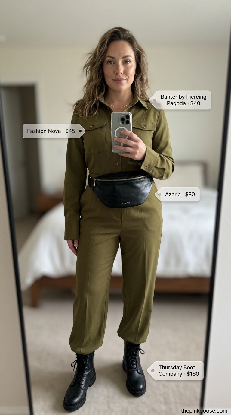 Casual midsize outfits summer for women 2026: Olive green utility jumpsuit with combat boots and belt bag.