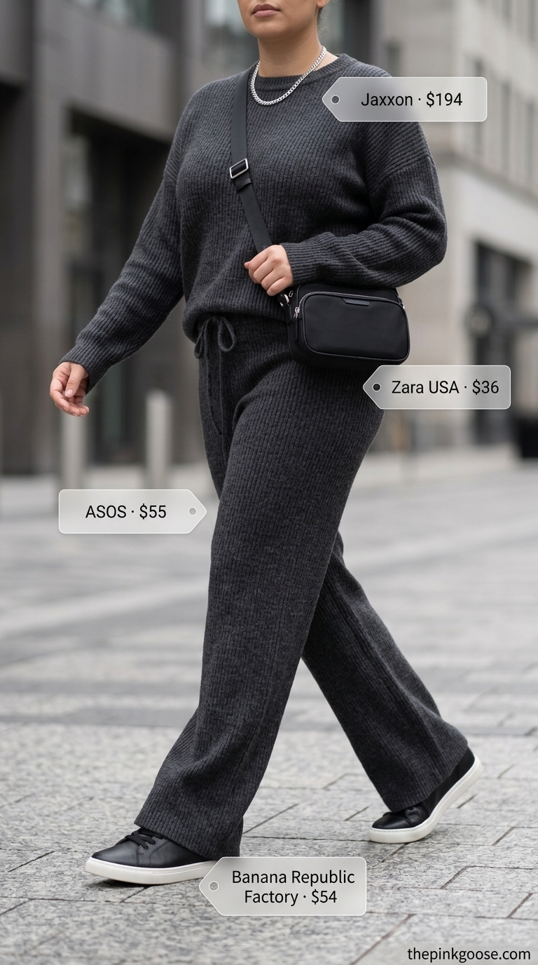 Casual midsize outfits summer 2026: Charcoal knit set with black sneakers, crossbody bag, and silver necklace.