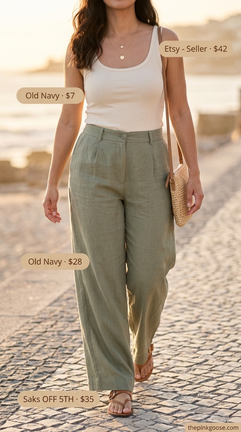 Casual midsize outfits summer 2026: Sage green linen pants, cream tank, tan sandals, straw bag, gold necklace.
