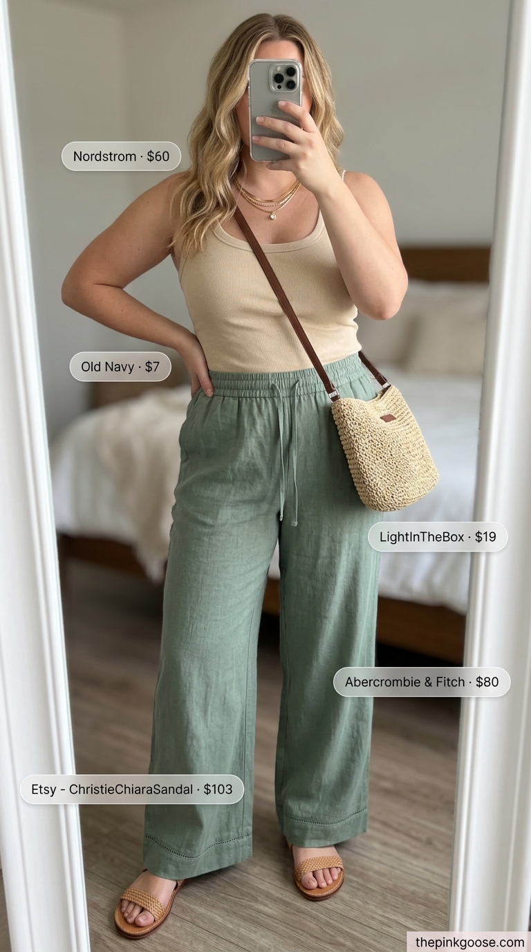 Casual midsize outfits summer for women 2026: Sage green linen pants with cream tank top, straw bag, and flat sandals.