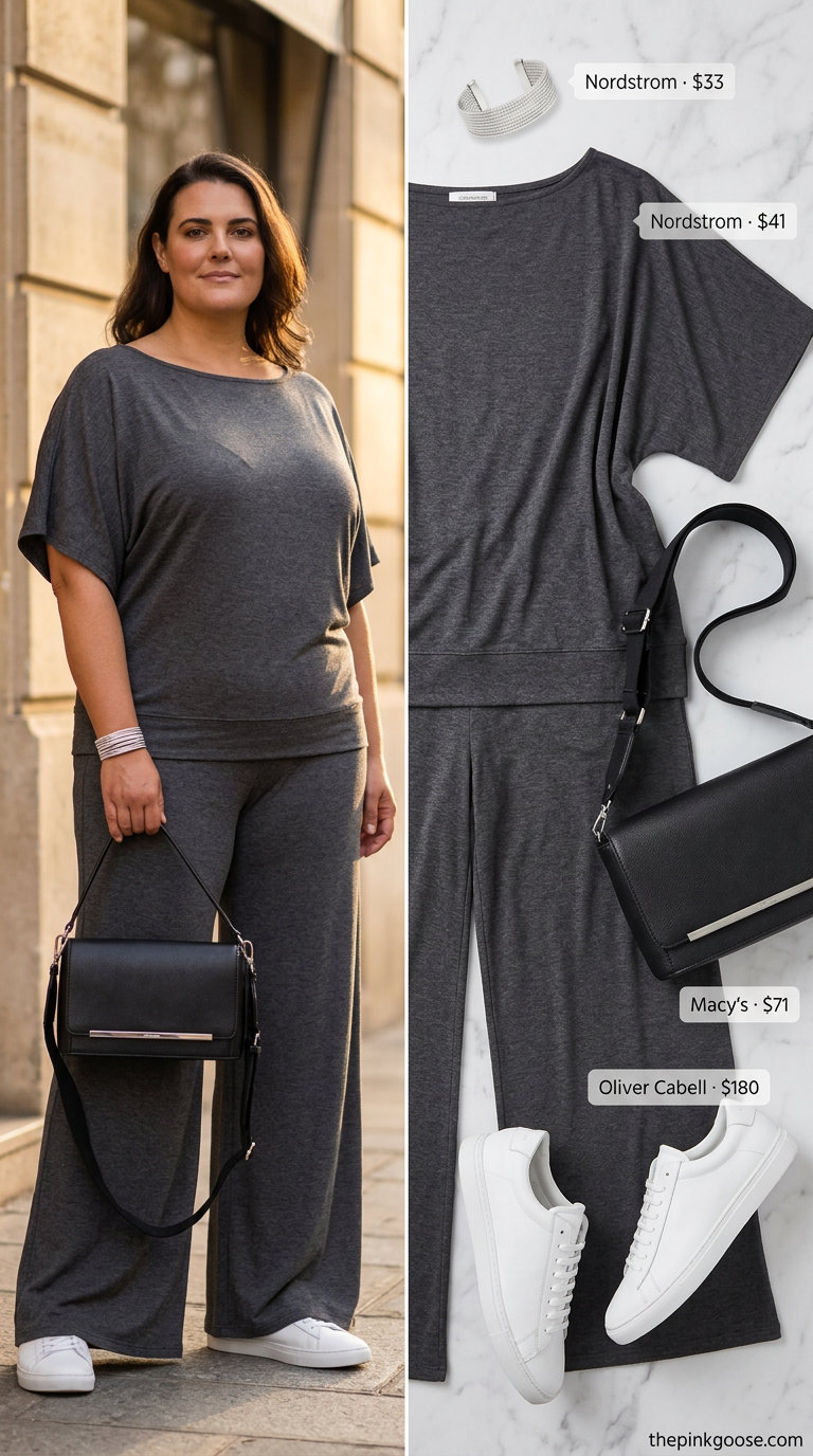 Casual midsize outfits summer for women 2026: Chic charcoal grey linen set with white sneakers and silver accessories.