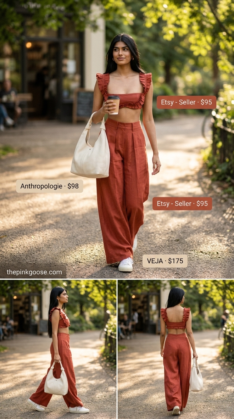 Casual midsize outfits summer 2026: Terracotta linen set with white sneakers, gold hoops, and cream hobo bag.