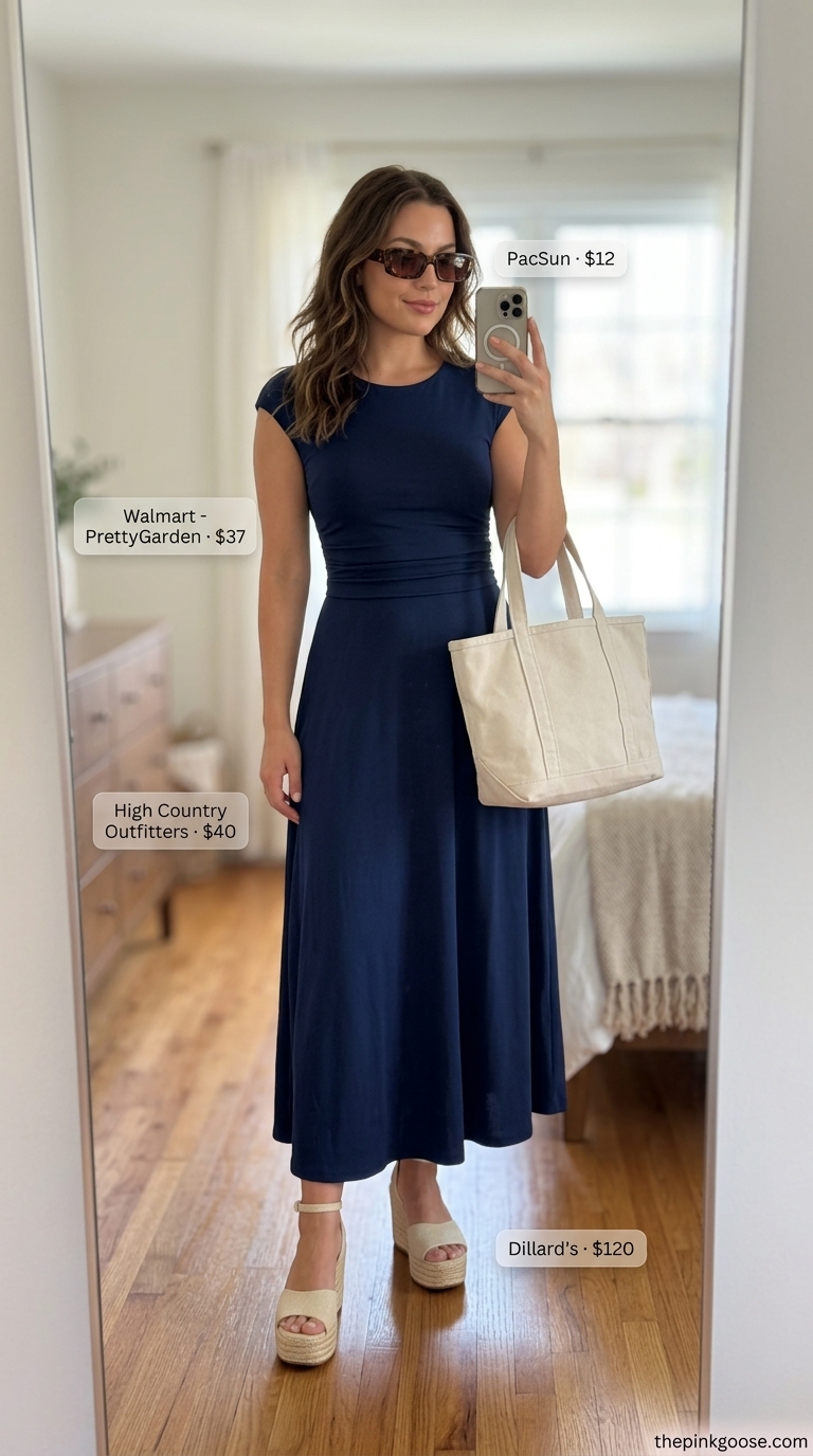 Casual midsize outfits summer for women 2026: Navy ribbed knit midi skirt set with espadrille wedges and canvas tote.