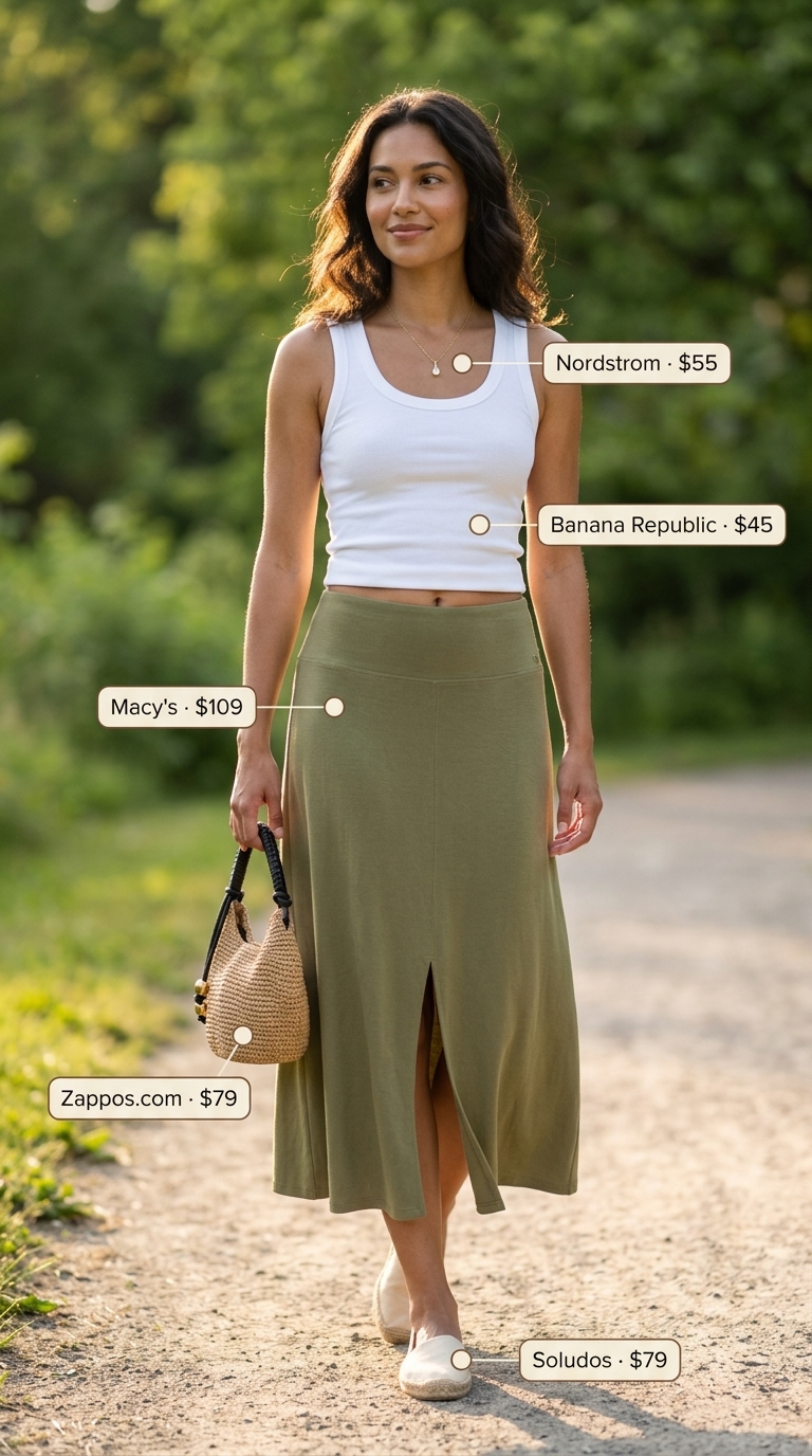 Casual midsize outfits summer 2026: Olive green midi skirt, white tank, espadrilles, straw crossbody, gold necklace.