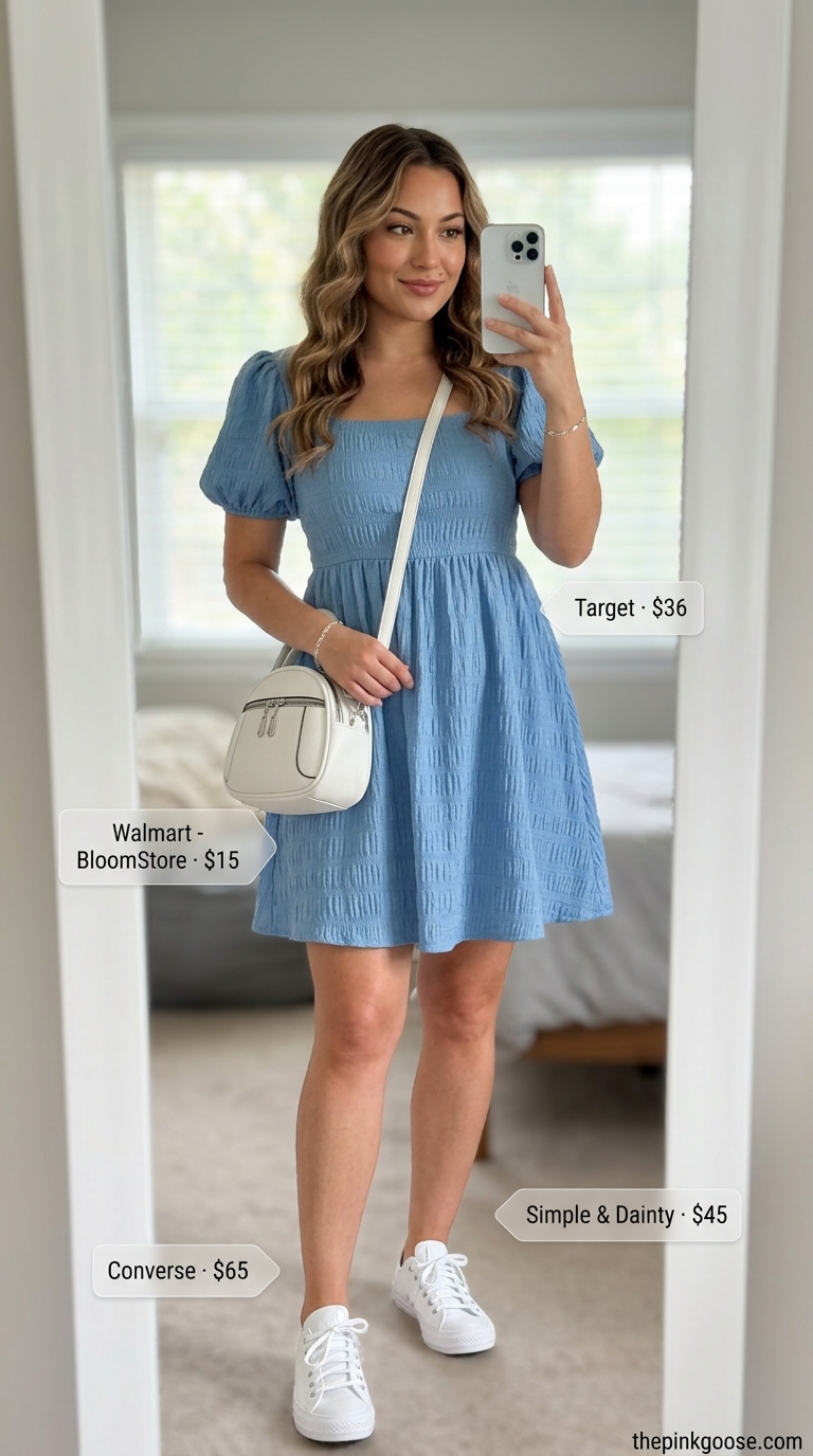 Casual midsize outfits summer for women 2026: Light blue puff-sleeve mini dress with white sneakers and crossbody bag.