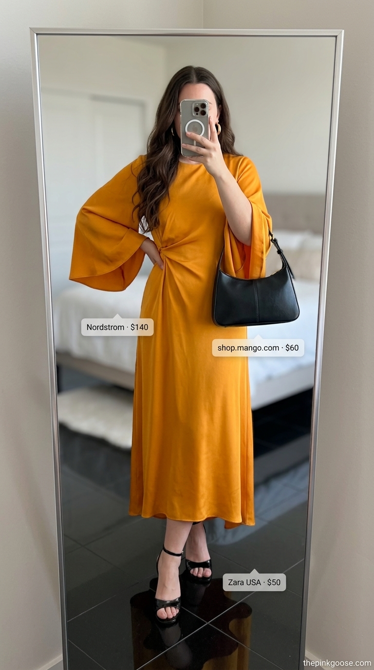 Casual midsize outfits summer for women 2026: Vibrant mango orange satin wrap dress for a summer event or dinner.