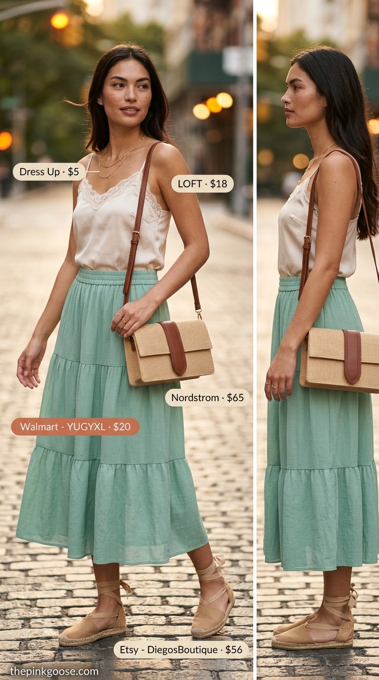 Bohemian Brunch Style 2026 Bohemian garden brunch outfit: Mint green tiered midi skirt, cream camisole, gold necklaces, jute espadrilles. Casual NYC summer outfits for women 2026.