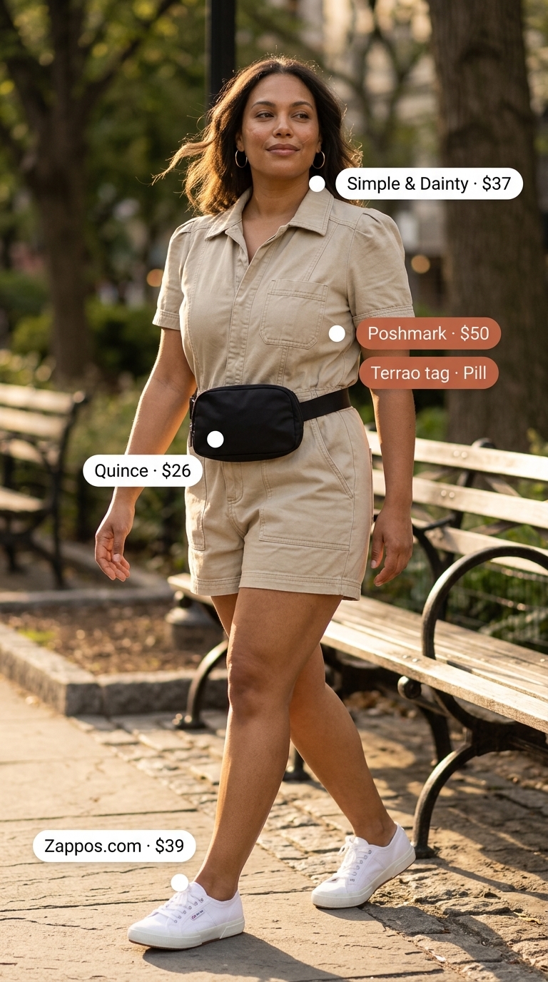 Weekend Wanderer: Casual NYC Outfits for Women 2026 Cute and comfortable romper outfit for casual NYC summer 2026: Khaki utility romper, white sneakers, and crossbody bag.