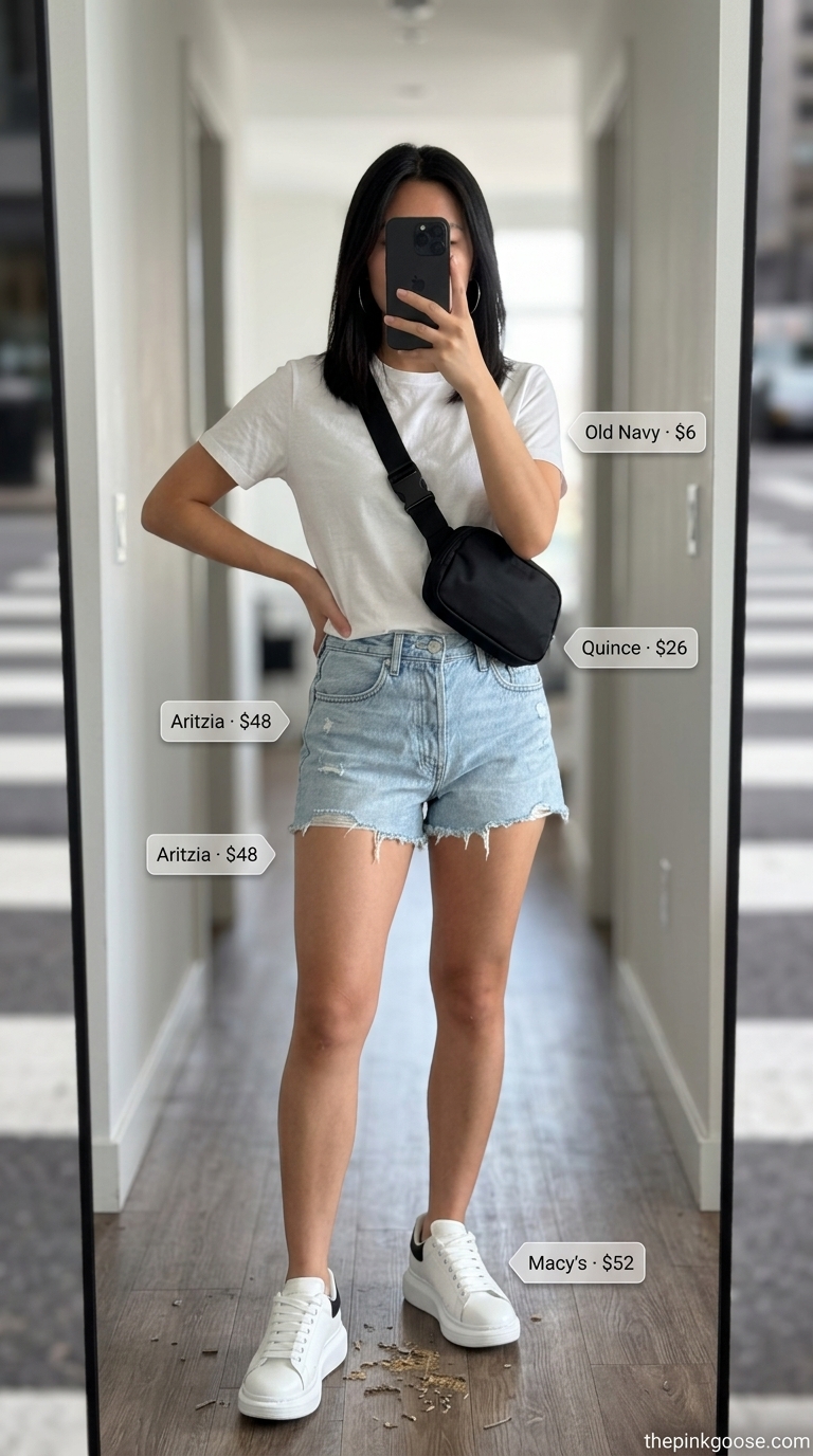 Brooklyn Street Style: Casual NYC Outfits for Women 2026 Edgy Brooklyn street style: Denim shorts, graphic tee, oversized linen shirt, and chunky sneakers for casual NYC summer outfits 2026.