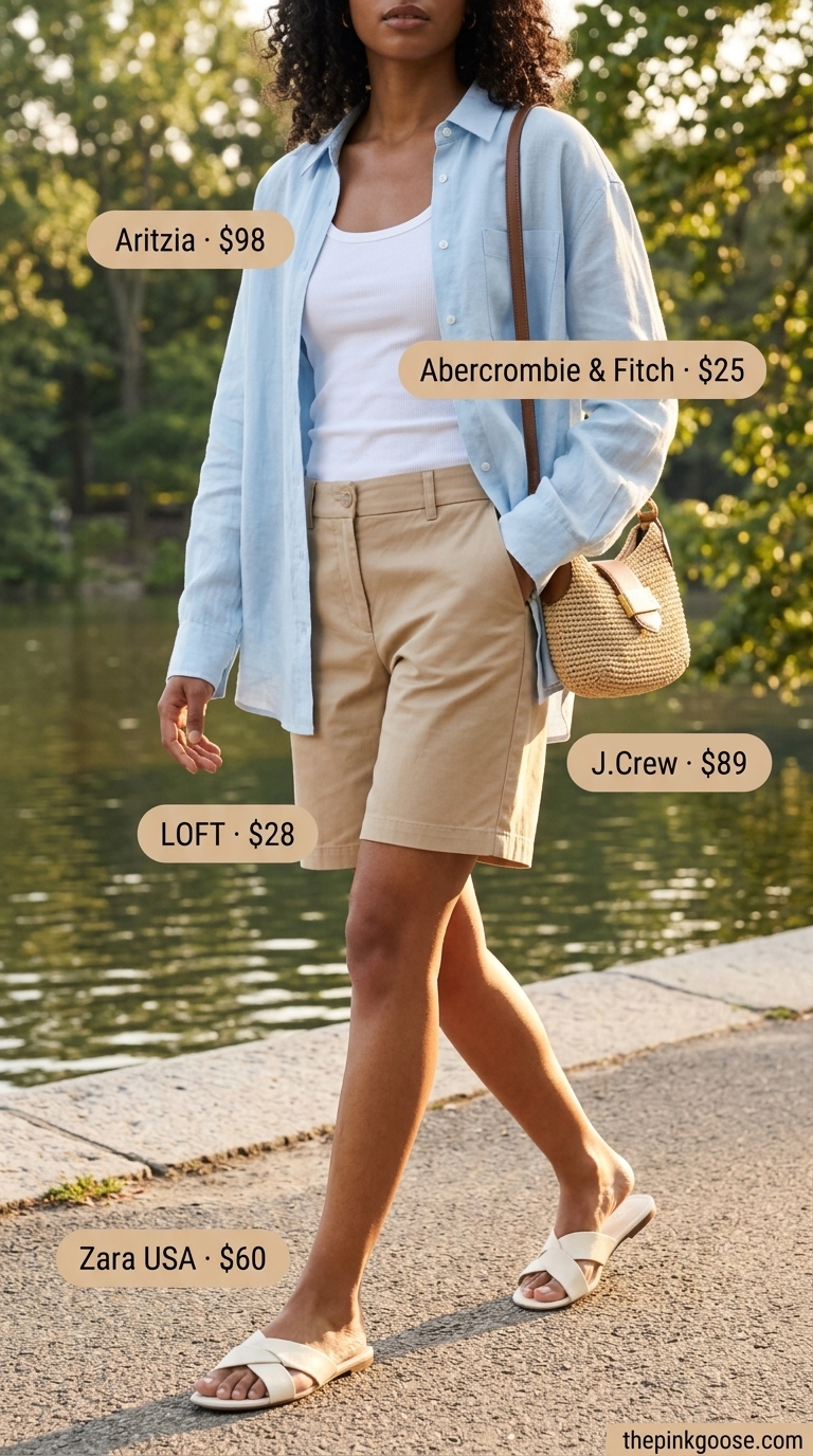 Lakeside Lunch: Casual NYC Outfits for Women 2026 Relaxed lakeside lunch outfit: Light blue linen shirt, Bermuda shorts, and straw bag for casual NYC summer 2026.
