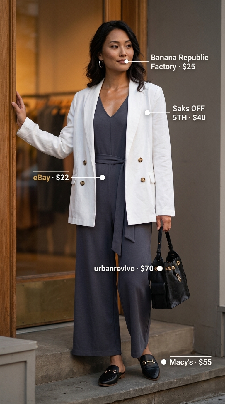 Evening Stroll: Casual NYC Outfits for Women 2026 Sleek jumpsuit for casual NYC summer evenings 2026: Charcoal grey jumpsuit, oversized blazer, and pointed mules.