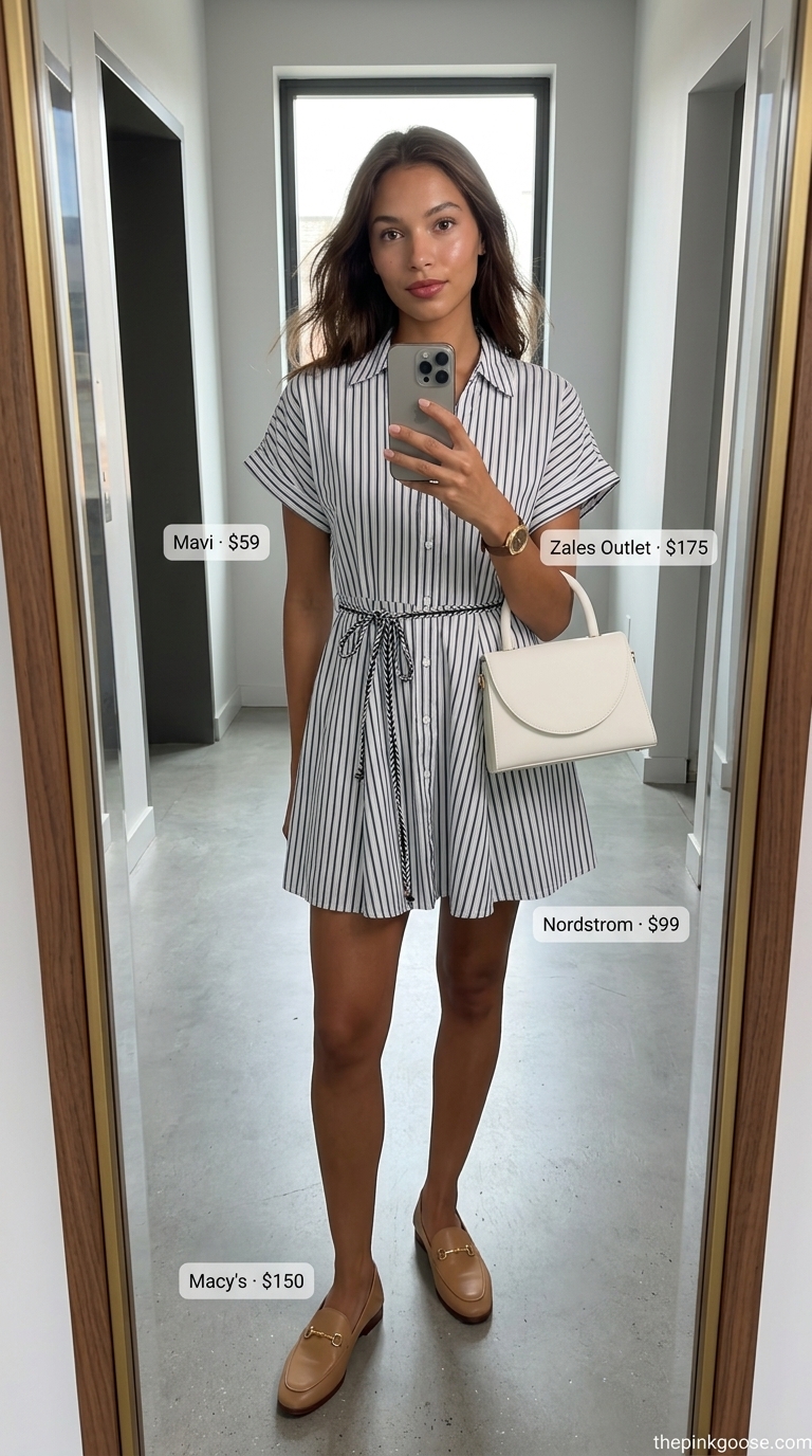 Downtown Cool Mini: Casual NYC Summer Outfits for Women 2026 Sky blue and white stripe mini shirtdress with tan loafers and a structured bag for casual NYC summer outfits for women 2026.