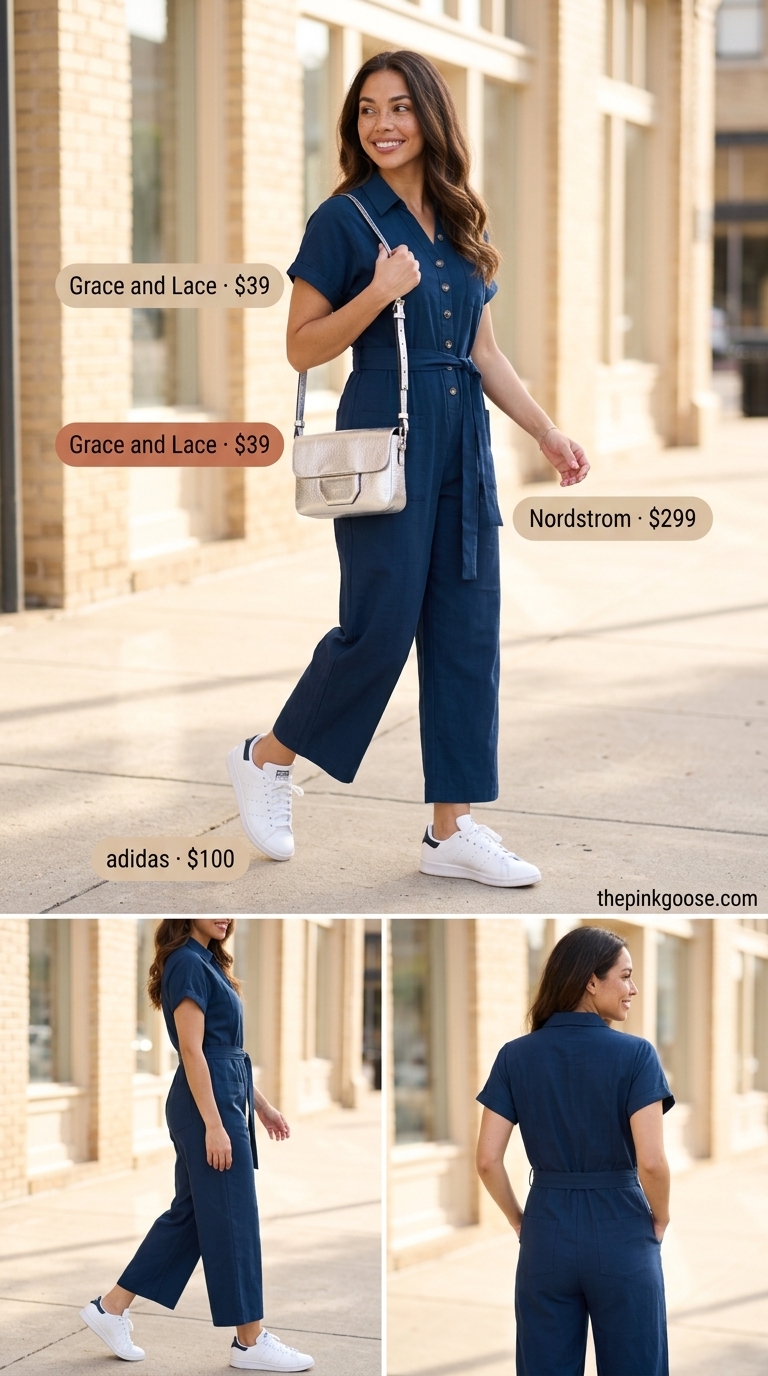 Utility Chic Jumpsuit 2026 Downtown utility chic outfit: Deep ocean blue tencel jumpsuit, white sneakers, silver crossbody bag. Casual NYC summer outfits for women 2026.