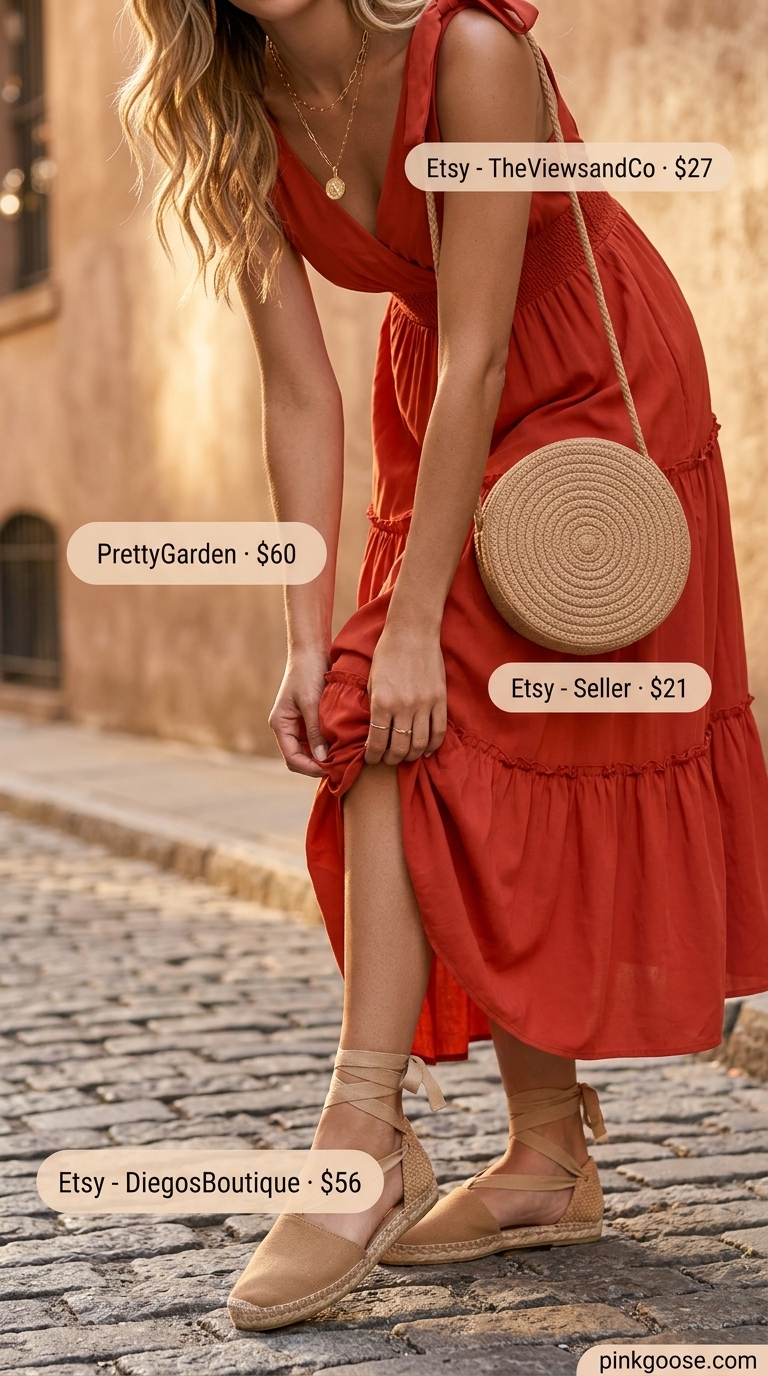 Boho Vibes: Casual NYC Outfits for Women 2026 Bohemian maxi dress for casual NYC summer 2026: Terracotta dress, straw hat, and espadrilles.