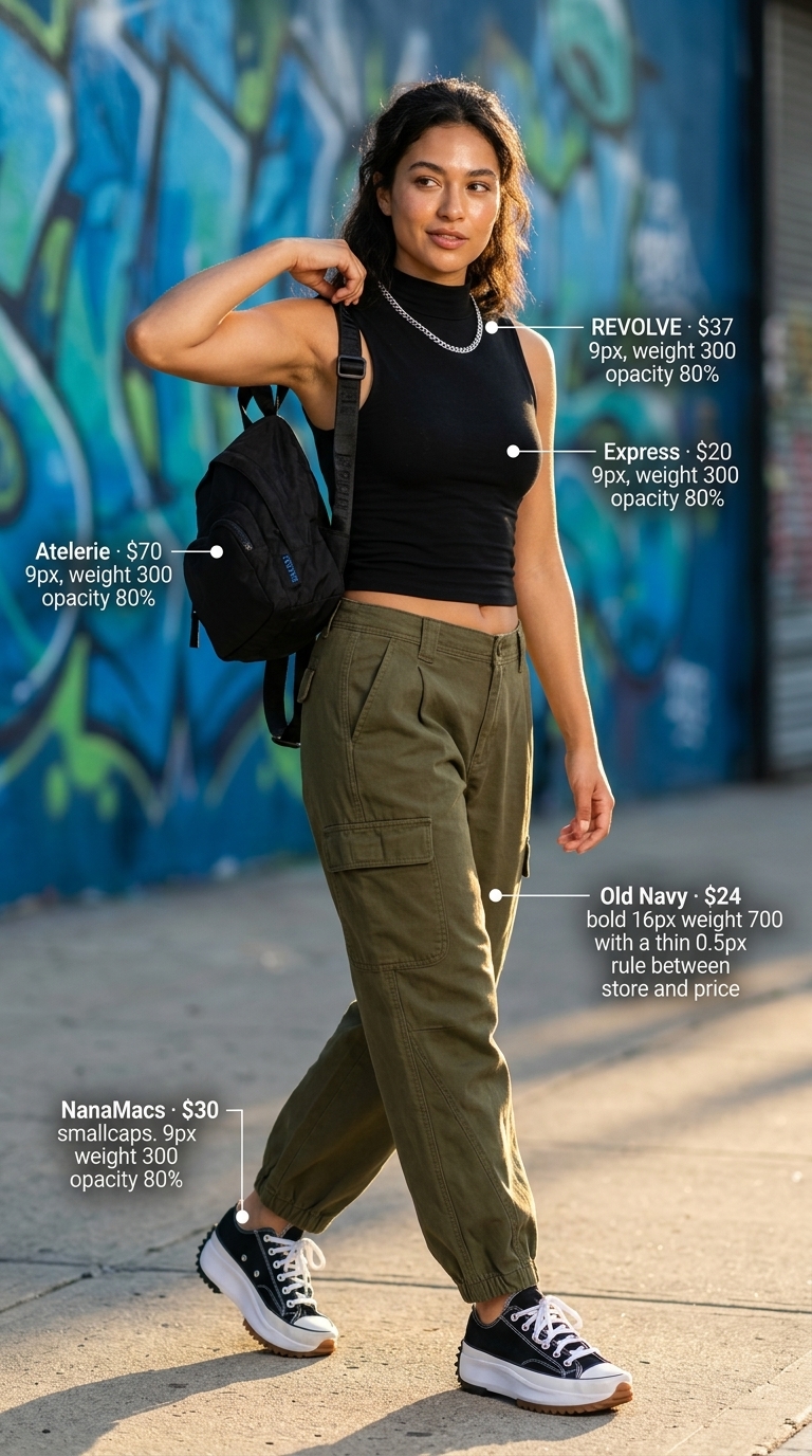 Modern utility style for casual NYC summer 2026: Khaki cargo pants, mock neck top, and chunky sneakers.