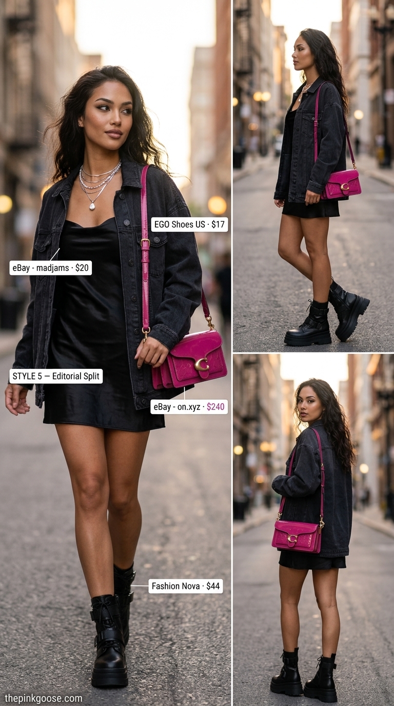Edgy Night Out Look 2026 Edgy night out outfit: Electric magenta mini bag, black slip dress, oversized denim jacket, silver necklaces, platform boots. Casual NYC summer outfits for women 2026.