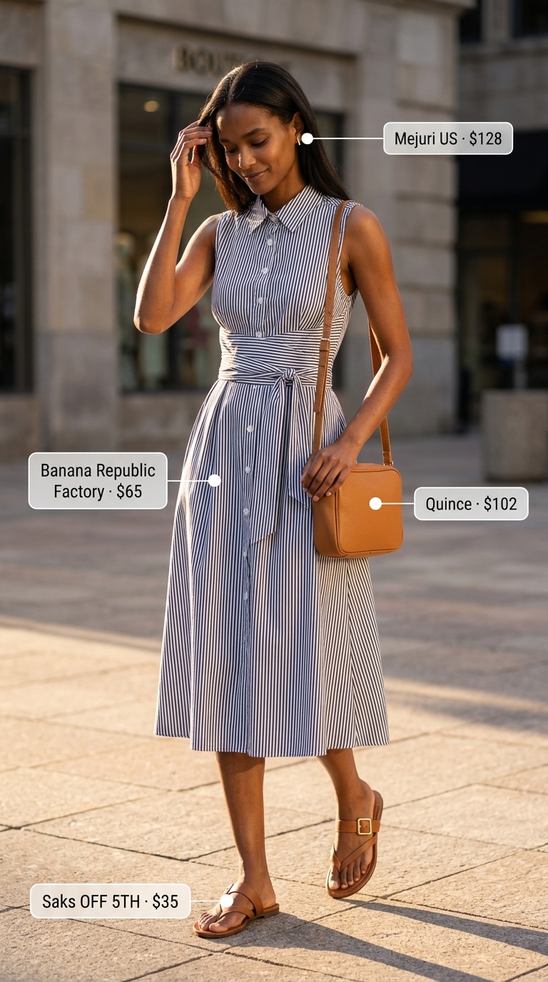 Museum Day Maven: Casual NYC Summer Outfits for Women 2026 Navy and white stripe midi shirt dress with tan leather belt and crossbody bag for casual NYC summer outfits for women 2026.