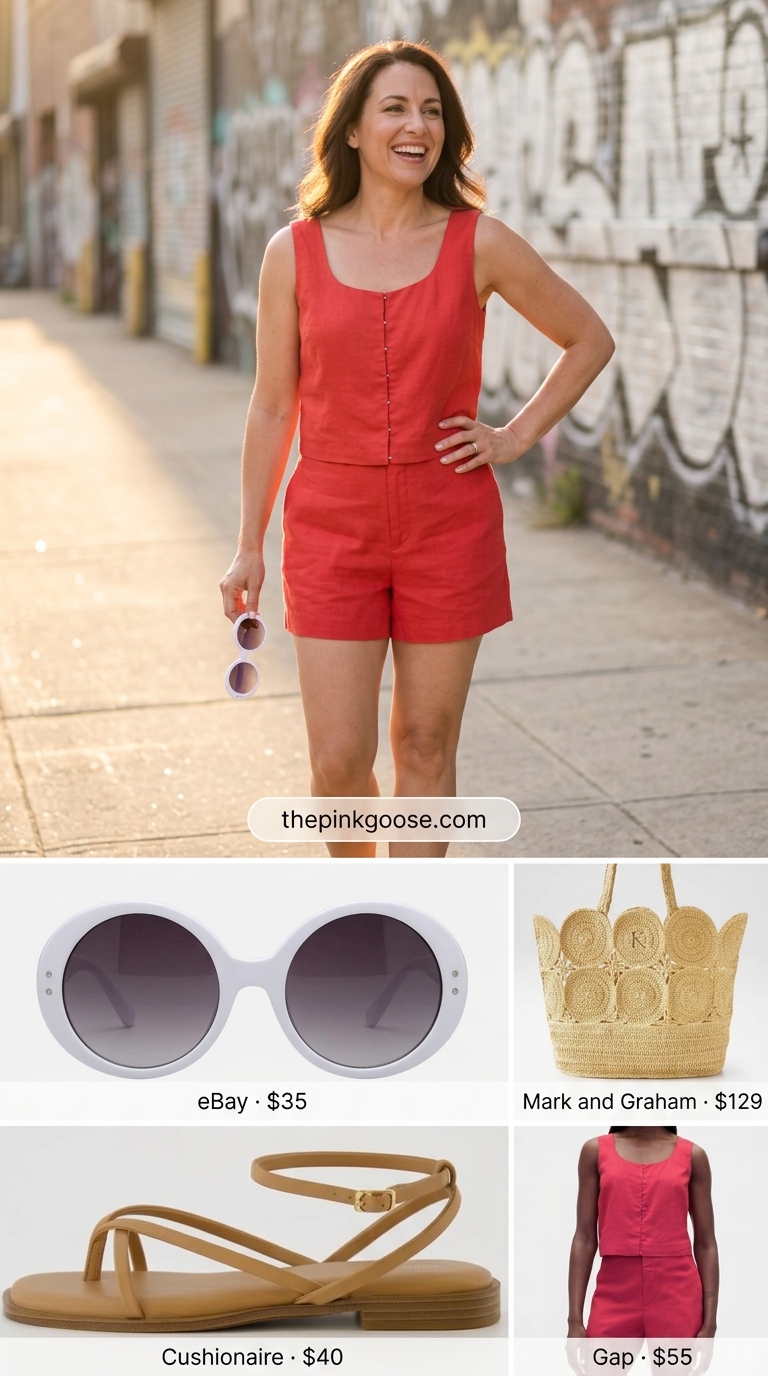 Rooftop Ready Set 2026 Poppy red matching set: Linen blend crop top and shorts, white sunglasses, tan sandals, raffia tote. Casual NYC summer outfits for women 2026.