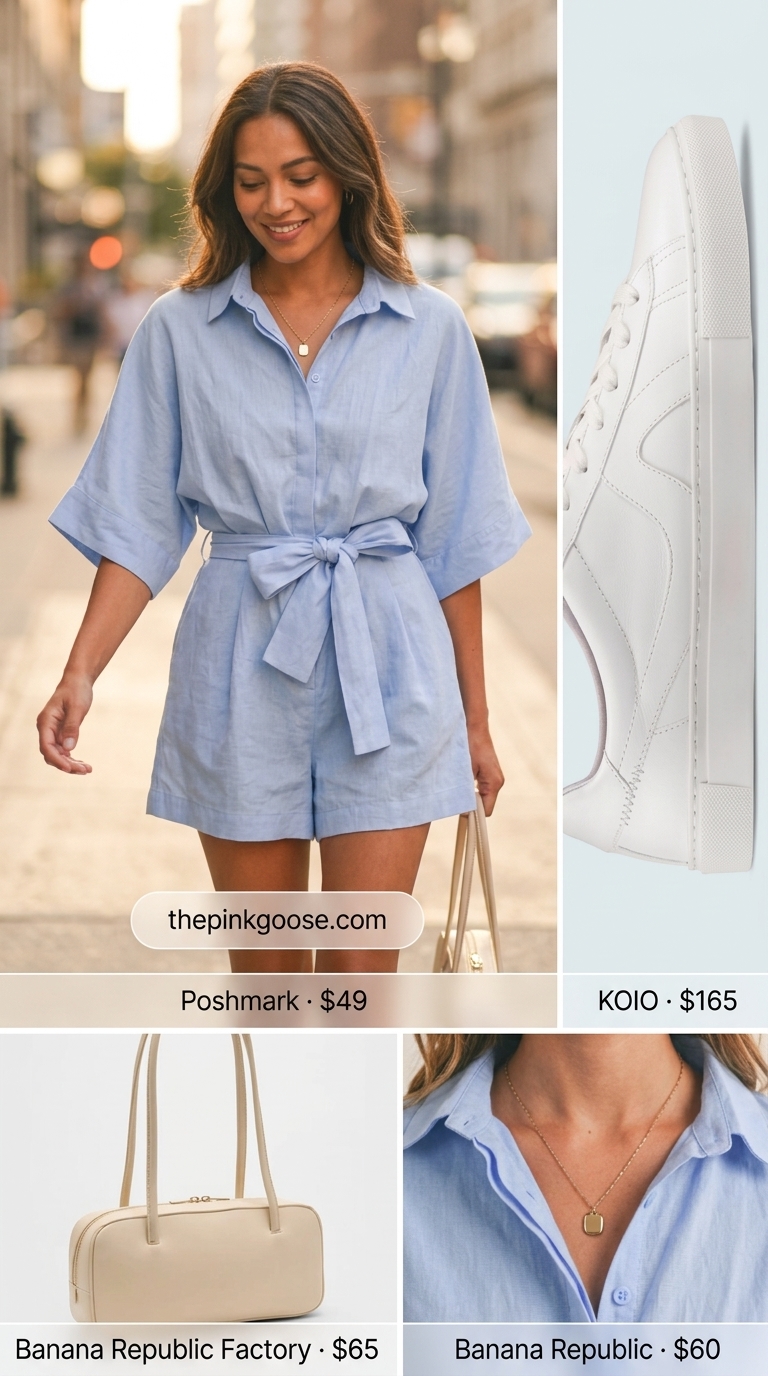 Riverside Charm: Casual NYC Outfits for Women 2026 Charming romper for casual NYC summer 2026: Soft blue linen romper, white sneakers, and vintage-inspired bag.
