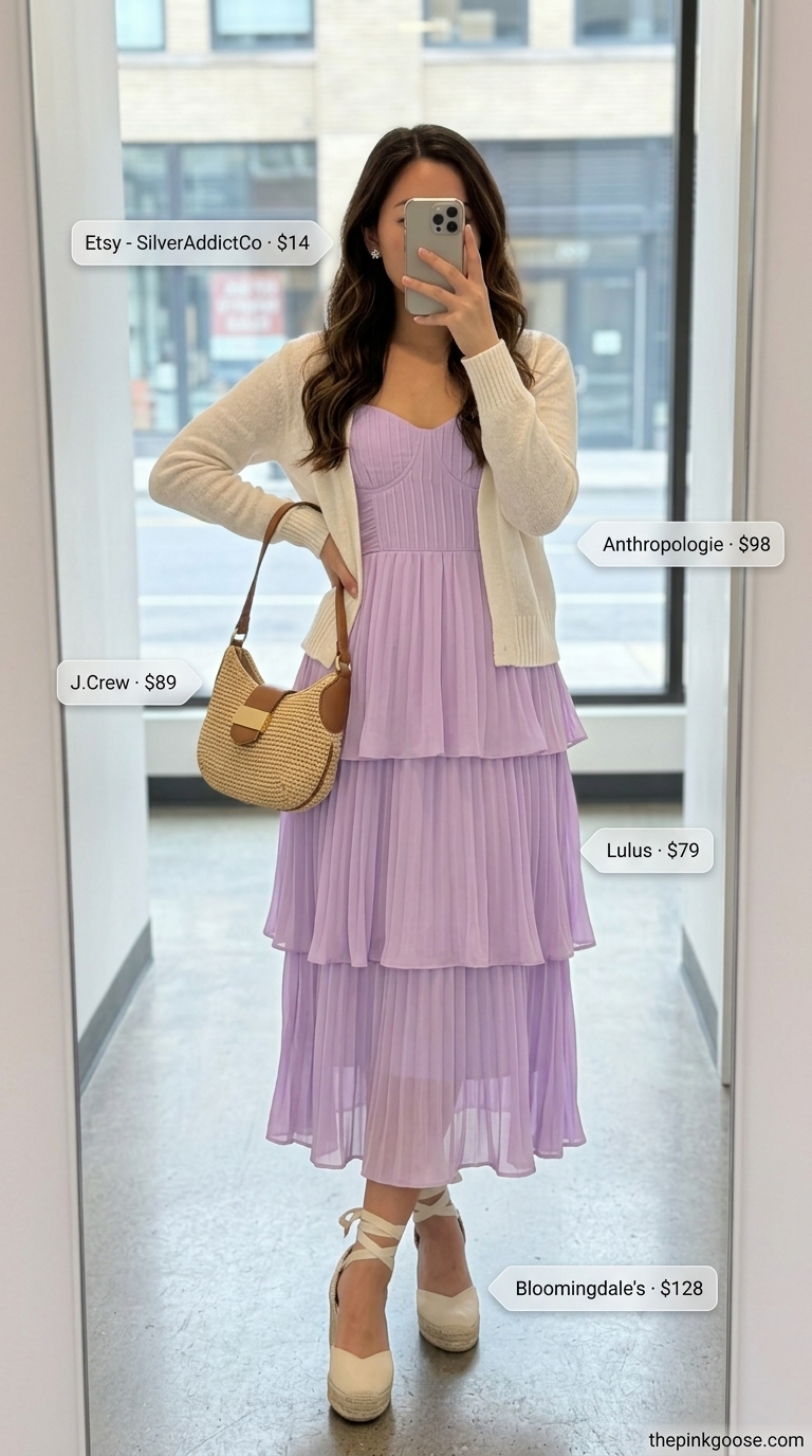 Soho Brunch Vibe: Casual NYC Summer Outfits for Women 2026 Soft lavender tiered midi sundress with a cream cardigan and raffia bag for casual NYC summer outfits for women 2026.