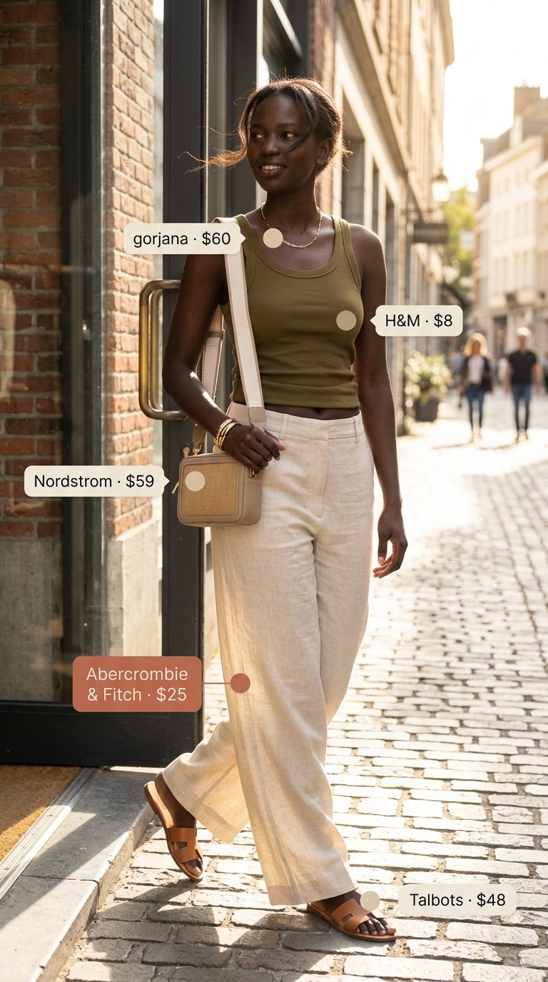 Soho Stroll: Casual NYC Outfits for Women 2026 Effortless chic pants outfit for casual NYC summer 2026: Cream linen pants, olive tank, and tan slides.