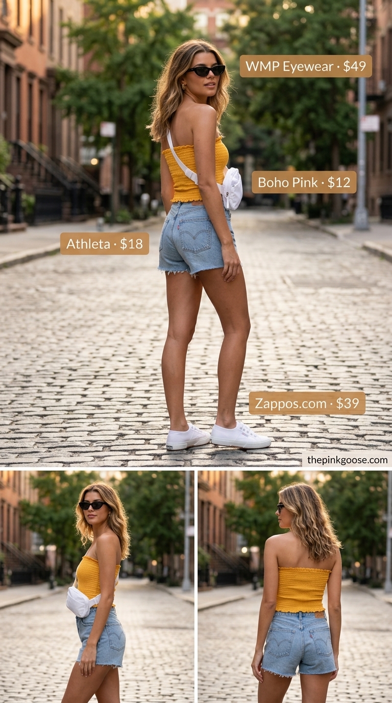 Sunny Park Day Look 2026 Sunkissed park day outfit: Yellow smocked tube top, denim cut-off shorts, white sneakers, nylon belt bag. Casual NYC summer outfits for women 2026.