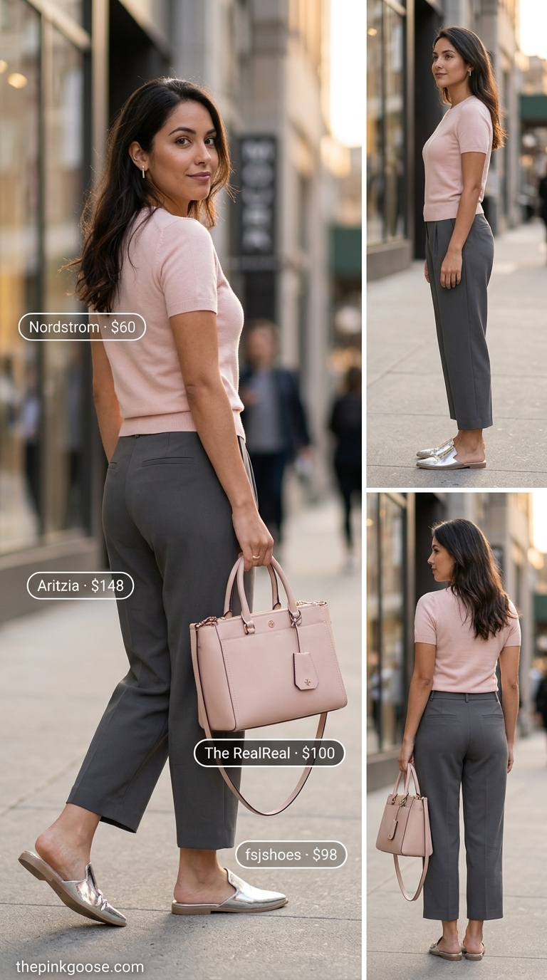 Understated Gallery Opening: Casual NYC Summer Outfits for Women 2026 Charcoal gray cropped trousers with a blush pink top-handle bag for casual NYC summer outfits for women 2026.