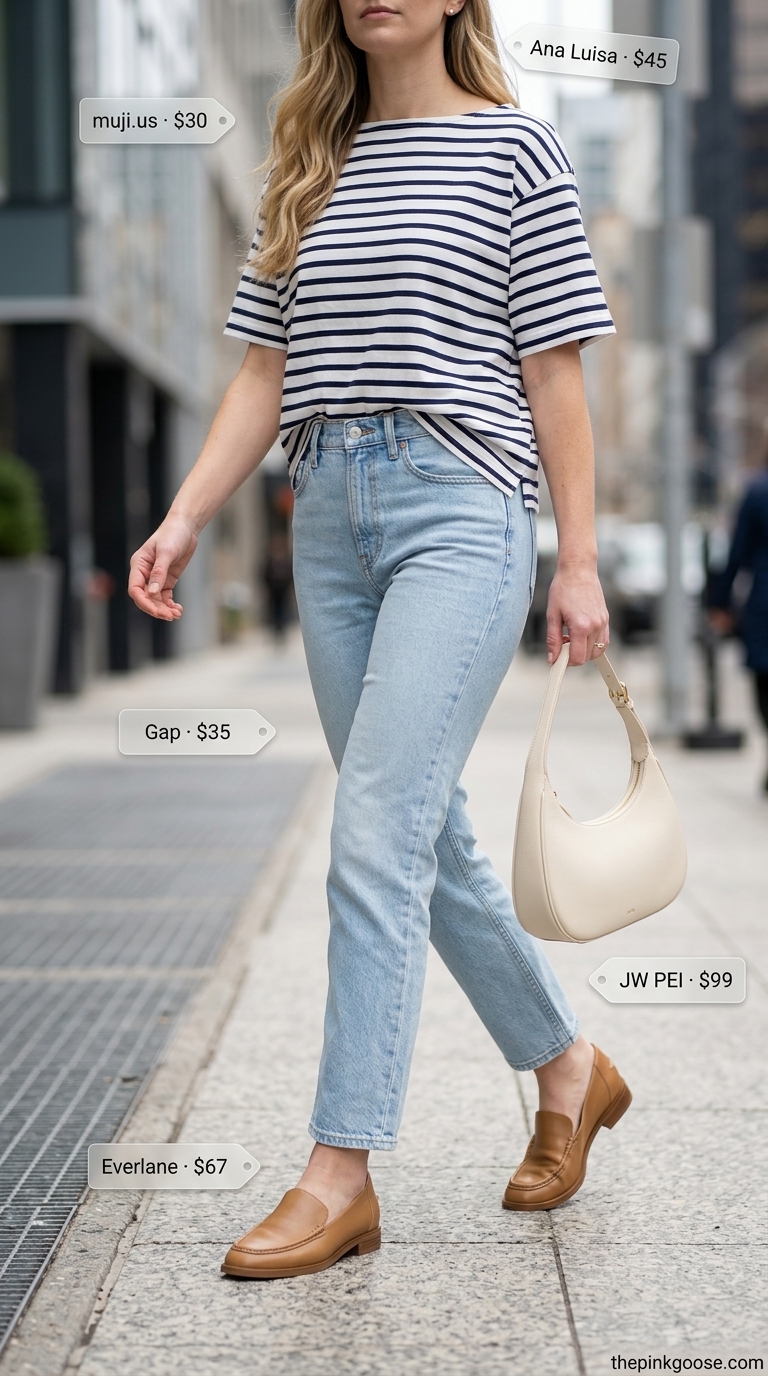 Casual Chic Style 2026 Upper East Side casual outfit: Light wash straight-leg jeans, navy & white striped tee, tan loafers, cream shoulder bag. Casual NYC summer outfits for women 2026.