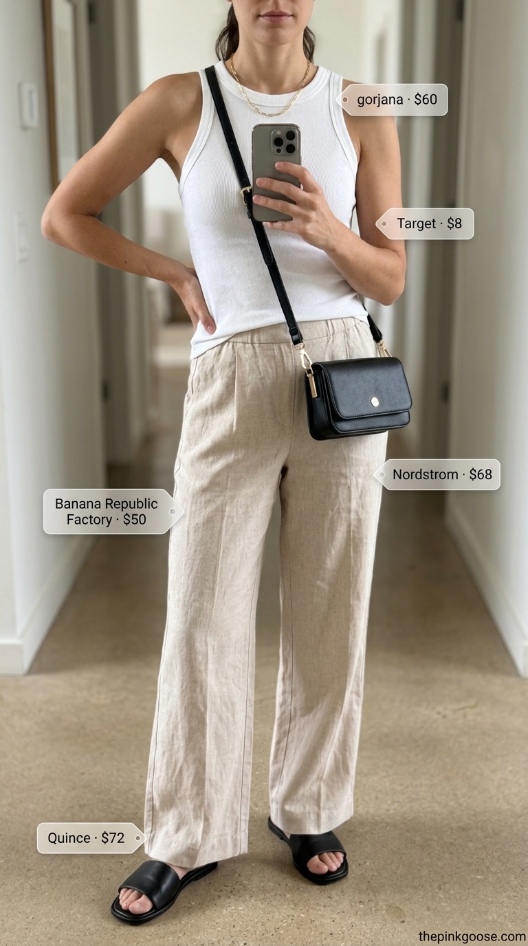 Urban Explorer Chic: Casual NYC Summer Outfits for Women 2026 High-waisted wide-leg linen pants with a ribbed tank and minimalist sandals for casual NYC summer outfits for women 2026.