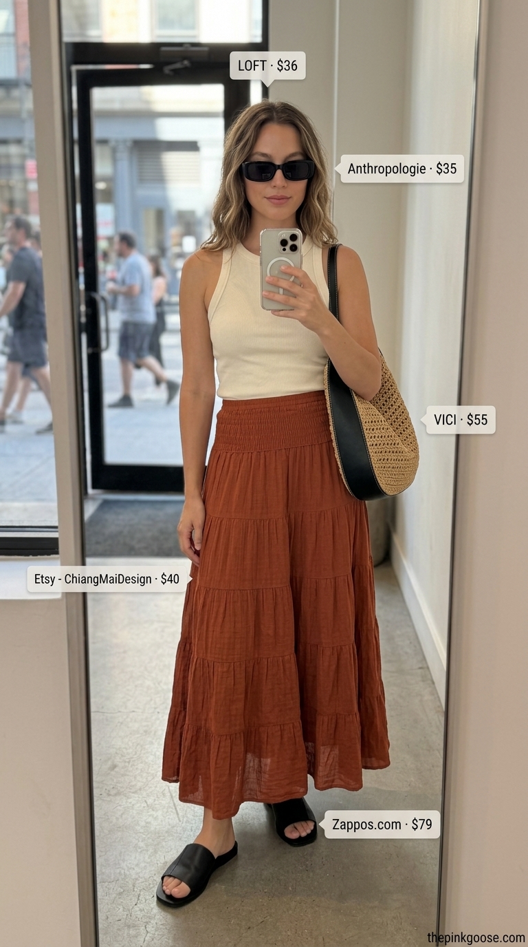 Boho Wanderer Style 2026 West Village wanderer outfit: Terracotta tiered skirt, graphic tee, layered gold necklaces, straw tote. Casual NYC summer outfits for women 2026.