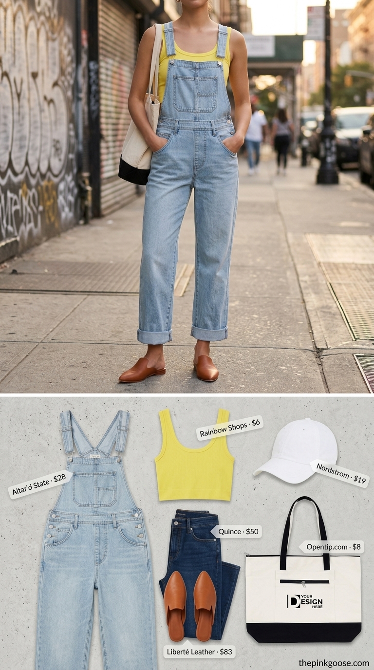 Williamsburg Weekend: Casual NYC Summer Outfits for Women 2026 Light wash denim overalls with a yellow crop top and white sneakers for casual NYC summer outfits for women 2026.