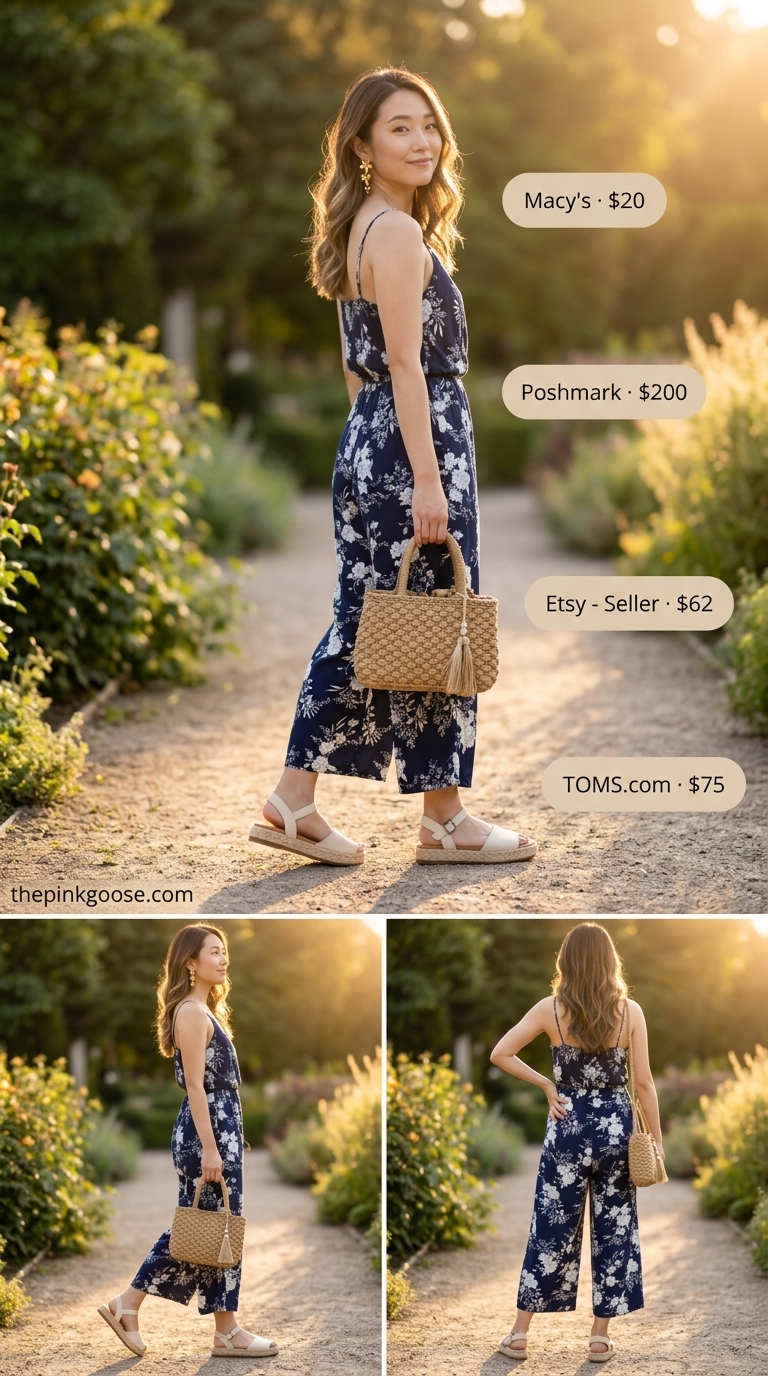 Navy floral print jumpsuit outfit for women, perfect for a bohemian garden party in summer 2026. Includes straw hat and espadrilles.