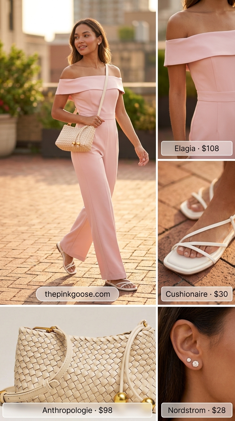 Blush pink off-the-shoulder jumpsuit outfit for women, a romantic choice for summer picnics in 2026. Features white sandals and straw bag.