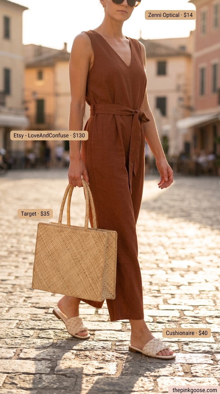 Natural beige linen jumpsuit outfit for women, perfect for a relaxed summer vacation in 2026. Includes straw tote and woven slides.