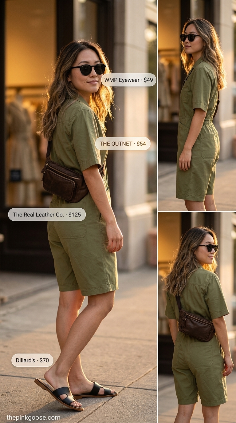 Khaki green jumpsuit outfit for women, perfect for a casual summer day trip in 2026. Features leather belt bag and straw hat.