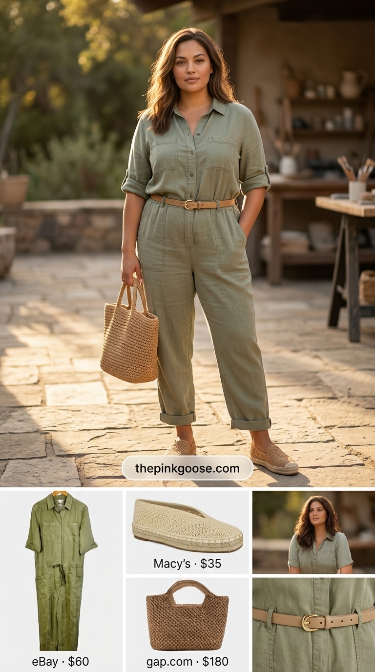 Sage green cargo jumpsuit outfit for women, a contemporary look for summer outings in 2026. Features woven bag and leather belt.