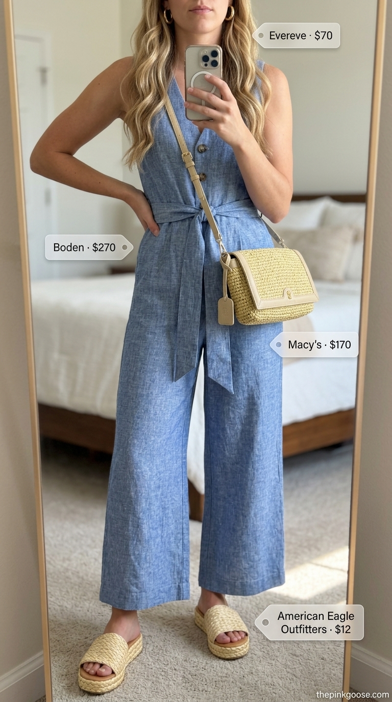 Sky blue linen jumpsuit for casual summer outfits for women 2026. Effortless for beach brunch.