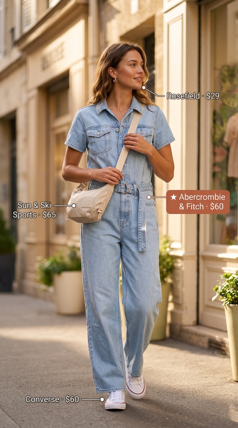 Light blue denim jumpsuit with white sneakers for playful casual summer outfits for women 2026. Urban weekend style.