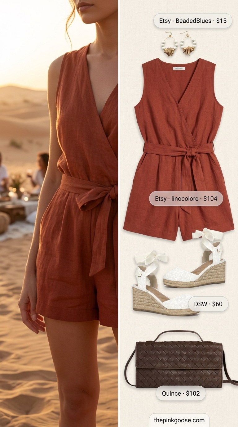 Terracotta wide-leg jumpsuit with wood earrings for casual summer outfits for women 2026. Great for sunset drinks.