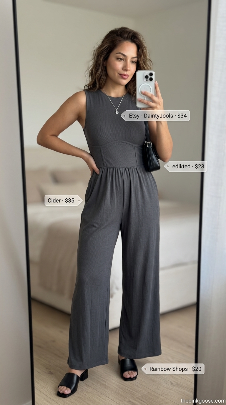 Charcoal gray ribbed jumpsuit for casual summer outfits for women 2026. Sleek for evening.