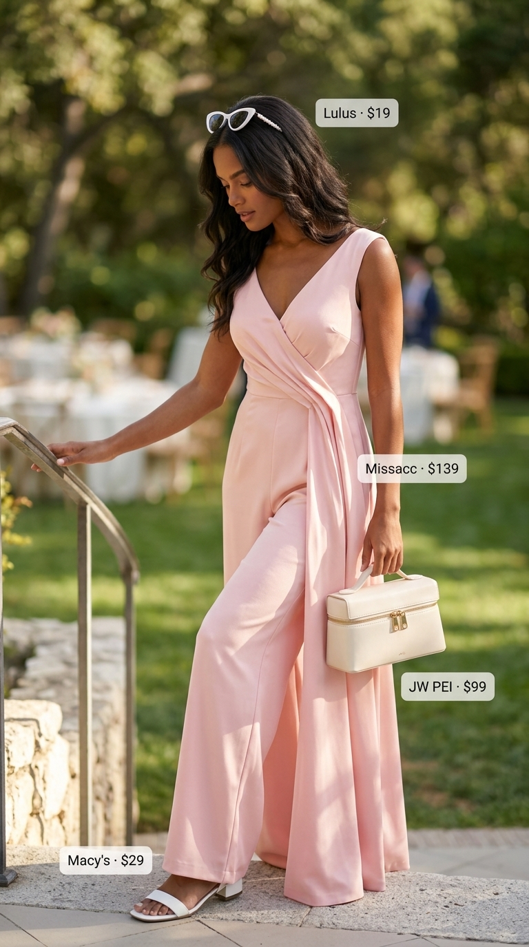 Blush pink sleeveless jumpsuit with white sandals for romantic casual summer outfits for women 2026. Garden party style.