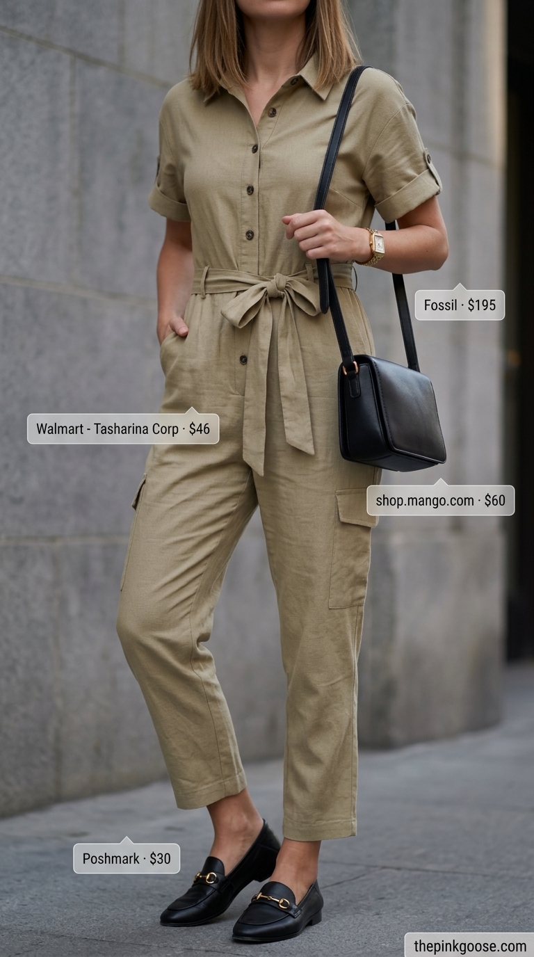 Soft khaki jumpsuit with black loafers for refined casual summer outfits for women 2026. Smart casual office style.