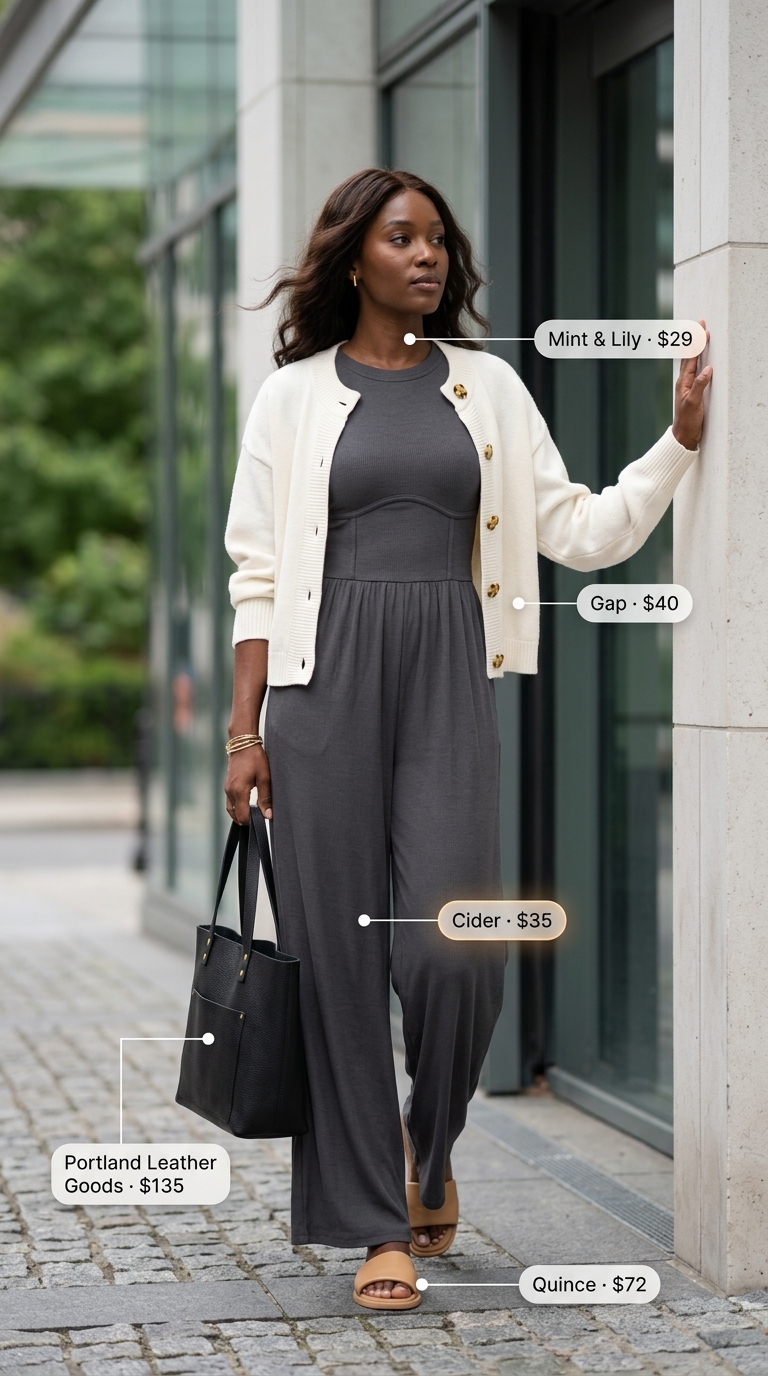 Charcoal gray ribbed jumpsuit with cream cardigan for cozy casual summer outfits for women 2026. Travel chic style.