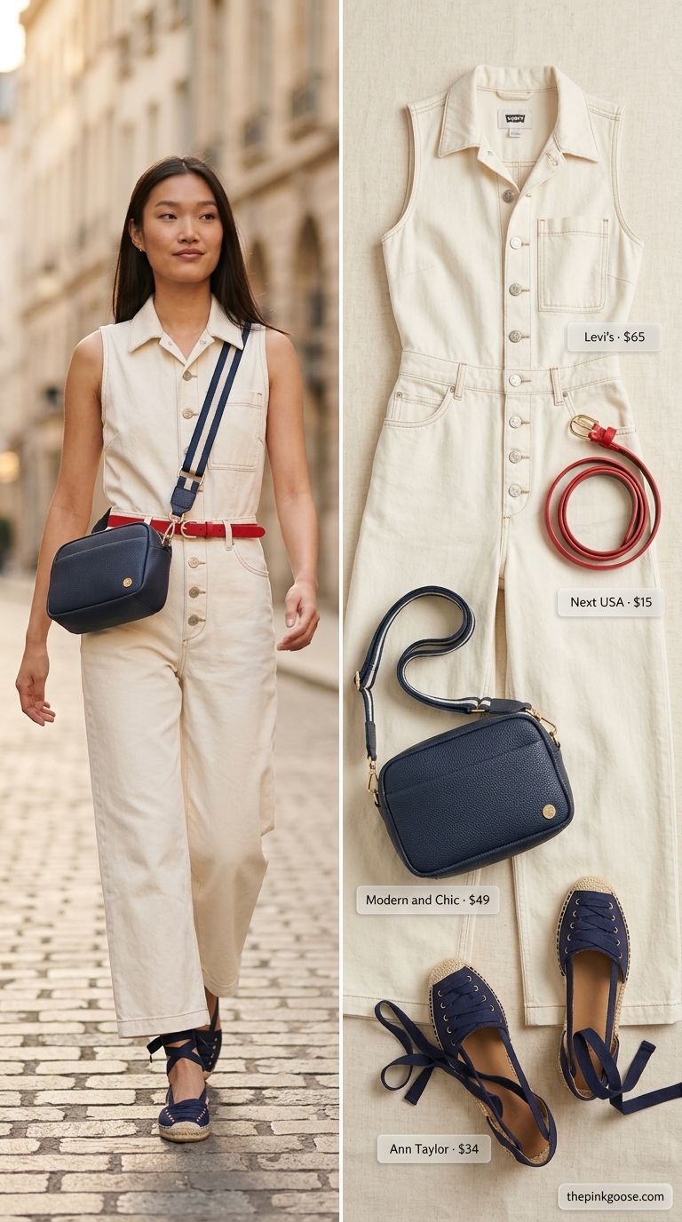 Crisp white cropped jumpsuit with navy accents for casual summer outfits for women 2026. Perfect for lunch dates.