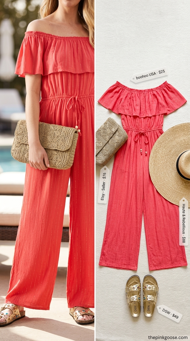 Coral pink off-shoulder jumpsuit for casual summer outfits for women 2026. Ideal for resort vacations.