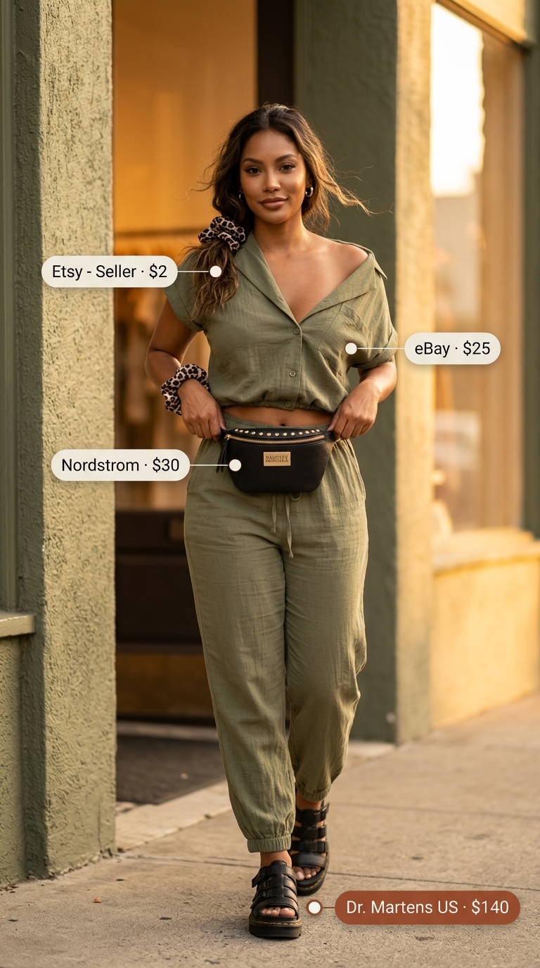 Olive green utility jumpsuit with leopard print accessories for casual summer outfits for women 2026. Edgy city style.