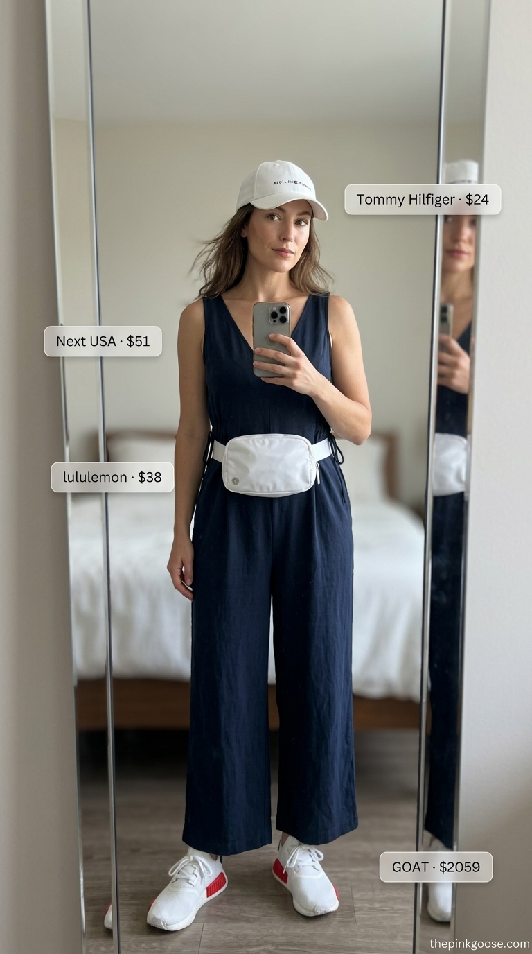 Navy blue t-shirt jumpsuit with sneakers for casual summer outfits for women 2026. Sporty and comfortable.