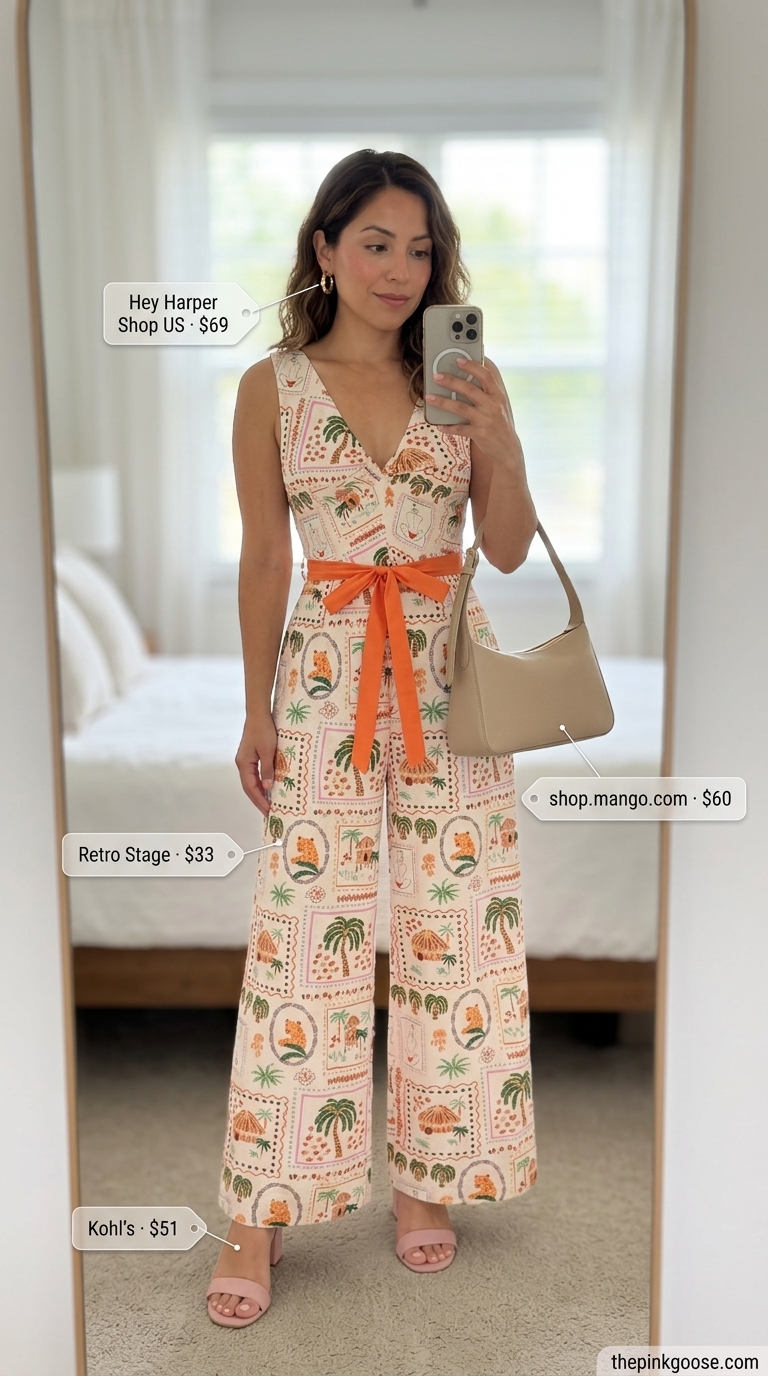 Floral print jumpsuit for casual summer outfits for women 2026. Fun for garden parties.